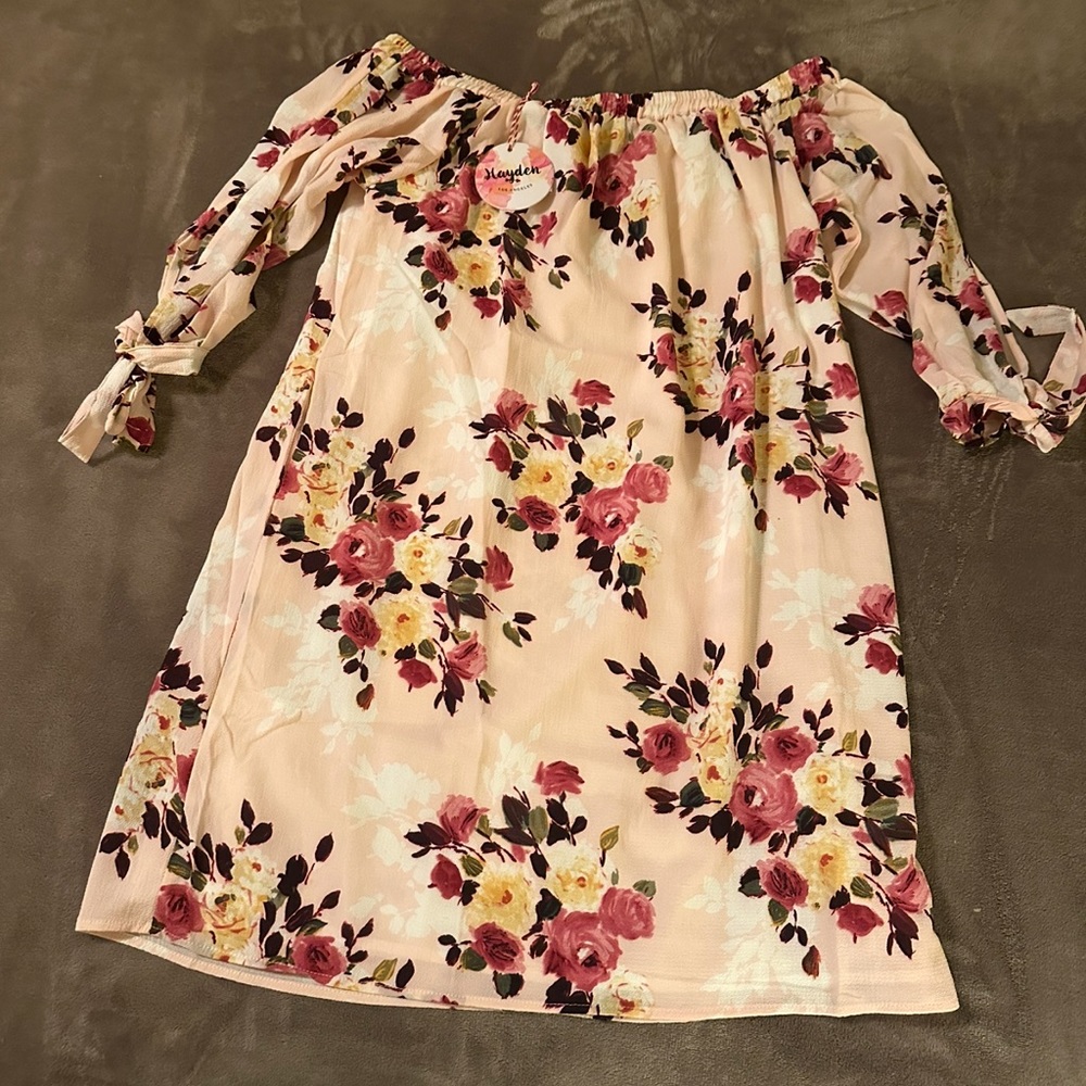 Hayden Off- White, Pink and Red Off-Shoulder Babydoll casual dress